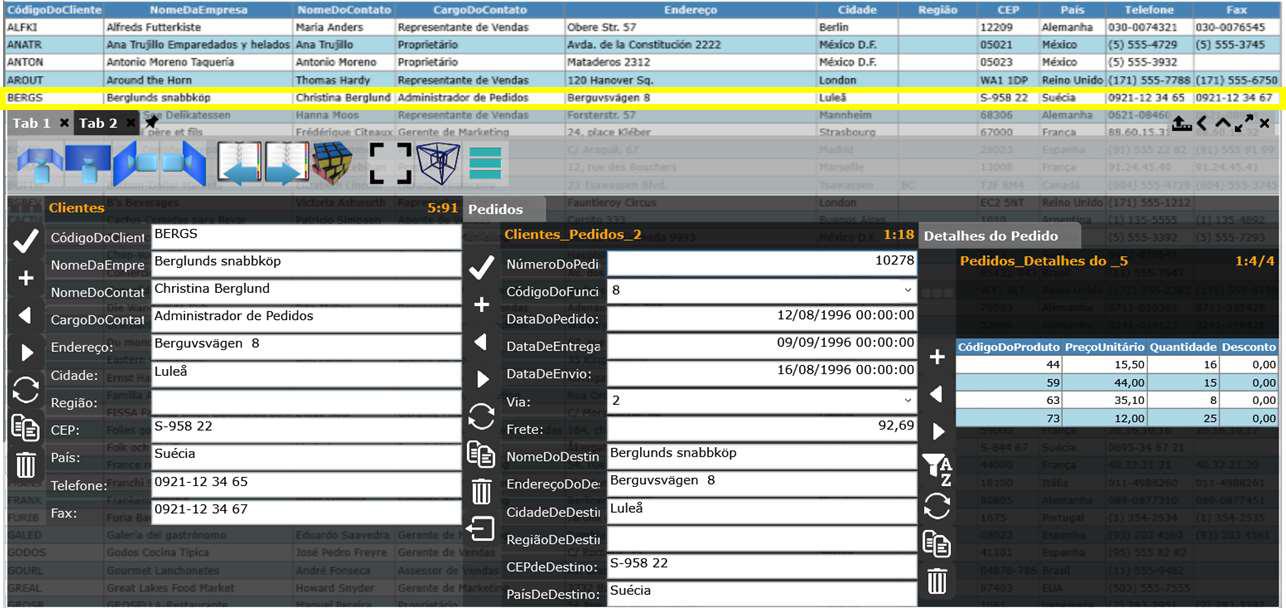 Figura 3.15. uma tabela em visão de grade e formulário mestre/detalhe.
